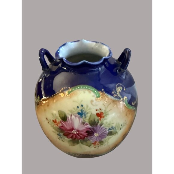 Antique Hand-Painted Cobalt Porcelain Floral Piedestal Vase Blue Florals & Gold - Picture 3 of 12